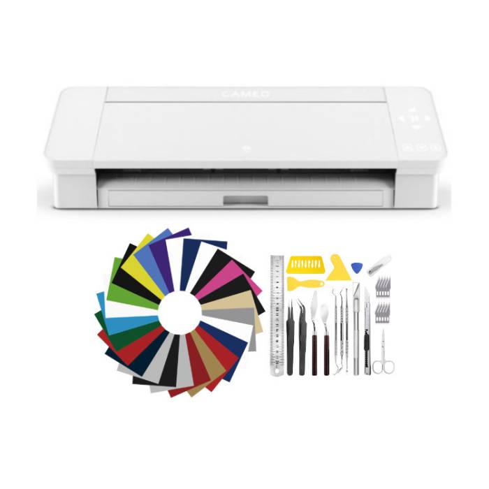 Silhouette Cameo 4 Desktop Cutting Machine (White) Bundle with Heat Transfer Vinyl 33 Sheets and Weeding Tools Set